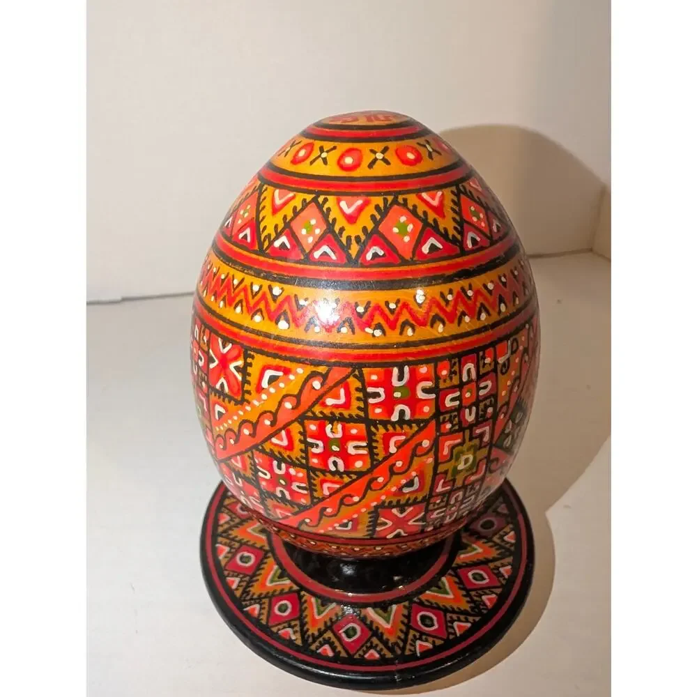 Vintage Ukrainian USSR Hand Painted Wooden Folk Art Egg Stand Pysanka